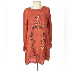 Embroidered Boho dress tunic size Small terra cotta lace cottagecore
